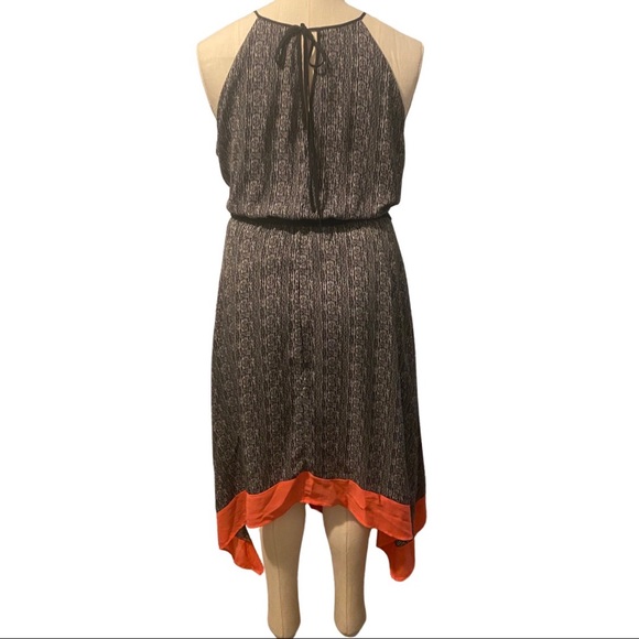 Asymetrical Scarf Dress with Black/Grey/Beige Print, Pink Hem & Black Belt - Picture 2 of 3